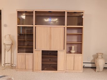 Large Blonde Oak Style Entertainment Center, Media Cabinet, Bookshelf, Glass Doors