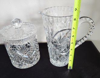 EAP Cut Glass Pitcher And Hand Cut Crystal Cove Biscuit Jar