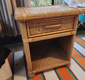 Vintage Wicker Rattan Side Table, Accent, Withdrawer, Nightstand, Beach Party Sunroom Furniture