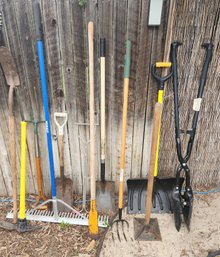 Large Lot Of Garden Tools: Shovels, Rakes, Post Hole Digger, Stamper, Thatcher, Pick