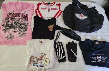 Lot Of Harley Davidson Riding Gear, Women's Shirts, Gloves, Bag, Bandana