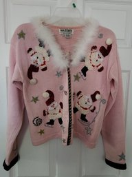 Authentic Vintage 1950's MCM Women's Cardigan Holiday Christmas Sweater, Pink, Santa