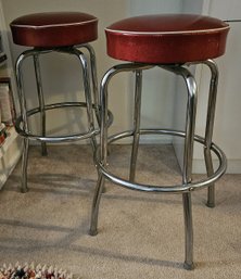 Pair Of Red Vinyl, Chrome MidMod Bar Stools, Counter