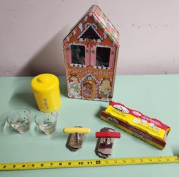 Variety Of Household Vintage Items: Metal Tin, Juice Glasses, Tea Cannister