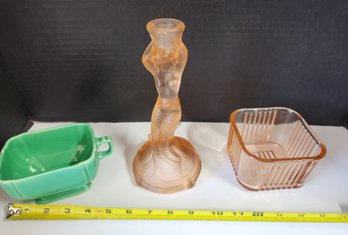 Three Vintage Pieces: Pink Depression Glass Mermaid Candlestick, Kitchen Leftover Container, Ceramic Dish,