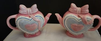 Pair Of Darling Lillian Vernon Ceramic Matching Teapots, Tea Party, Sweetheart