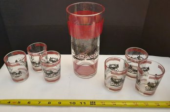 MCM Hazel Atlas Black And Red Carriage Coach Pitcher And 6 Tumblers