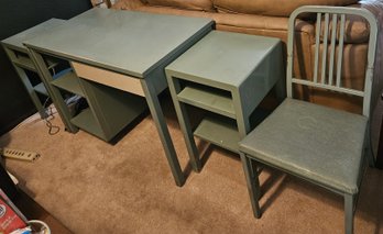 MidMod MCM Simmons Metal Desk, Side Shelves, Chairs