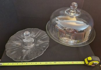 Vintage Glass Cake Tay, Dome, Stand, Art Deco Crystal Serving Tray, Etched