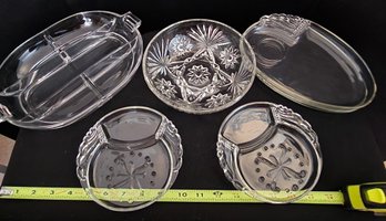 Crystal EAPG Divided Dish, Art Deco Chip Dip Plate Trays, Beverage Holder, Serving