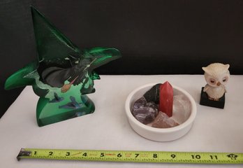 Home Decor, Lucite Wicked Witch, Crystals In Bowl, Owl Figurine