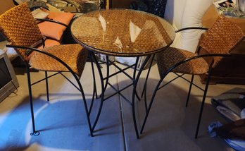 Bar Pub Table - Glass, Woven, Set With Three Chairs