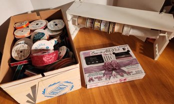 NIB Bow It All Maker, Box Of Ribbon Spools, Wood Shelf Organizer, Crafting, Crafts, Decorating