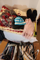 Winter Wear- Hats, Slippers, Unfinished Crochet Project, Box Of Hangers