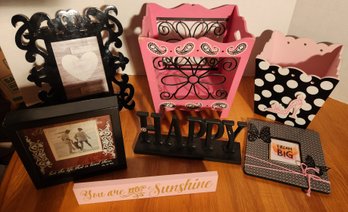 Variety Of Pink & Black Decor, Basket, Frames, Sign