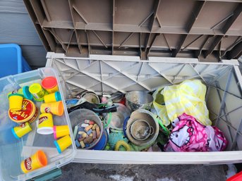 Water Toys, Floaties, Chalk, Compound Bows, Cords - Contents Of Patio Storage Bin