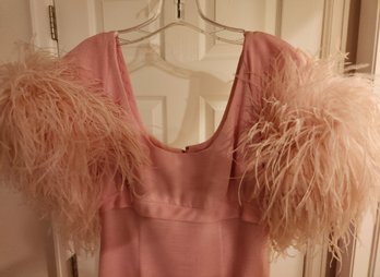 1950's/60's Women's Couture Pink Evening Gown, Wear, Feather Cap Sleeves, Vintage Clothing