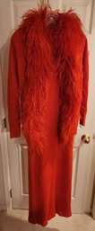 Vintage 1960's 70's Knit Fitted Orange Dress With Cardigan, Ostrich Feathers