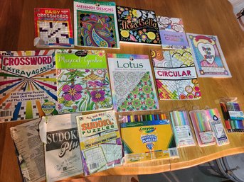 Crossword, Coloring Book, Sudoku, Markers