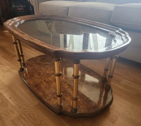 UPDATED INFO: Chinoiserie Oval Coffee Table On Wheels, Smoky Glass Top, Vintage