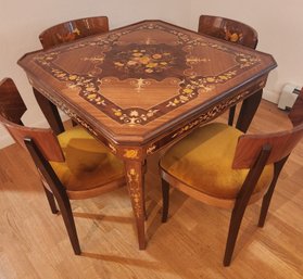 Extraordinary Vintage Gaming Poker Card Table, Inlaid Wood, 4 Chairs