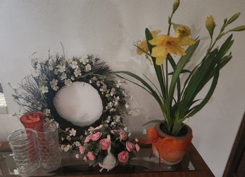 Floral Decor - Wreath, Porcelain Basket, Vases, Faux Flowers