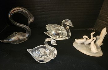 4 Pcs: Swan Theme Figurines - Waterford Crystal, Porcelain, Blown Glass - Variety