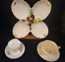 5 Pcs. Butterfly Divided Ceramic Serving Platter, 2 Teacups Saucers, China, Vintage