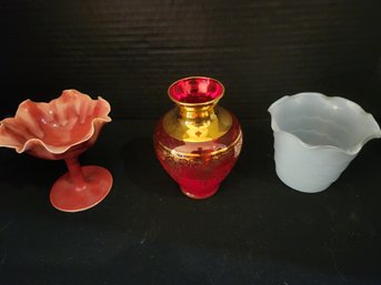 3 Pcs Small Vases, Blue Milk Glass, Hand Painted, Gold, Japan, Pedestal Dish, Vintage
