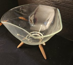 Unique Hand Pulled Glass MCM Serving Bowl, Wooden Pedestal