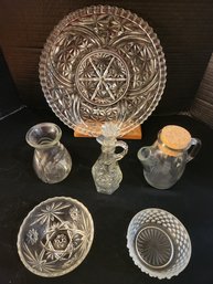 8 Pcs Crystal, Glass, Platter, Bowl, Cruet, Vase
