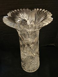 Rare Cut Glass Crystal Vase, Saw-tooth Edging Rim, Antique