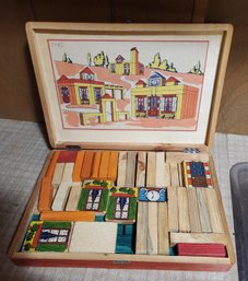 Vintage 1960's/50's Wood Block Set, Case, Toys, Wooden Blocks, City Landscape