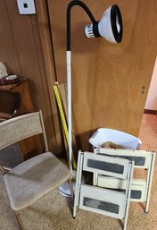 Floor Lamp, Vintage Stepstools, Chair, Wood Yardsticks