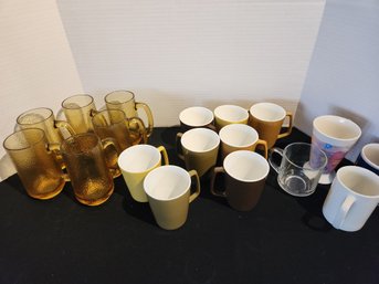 Large Lot Vintage Mugs, Cups, Glasses, Gold/amber