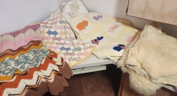 3 Quilts, 2 Afghans, 2 Sheepskin Rugs, Crocheted Blankets, Most Handmade, Some Vintage