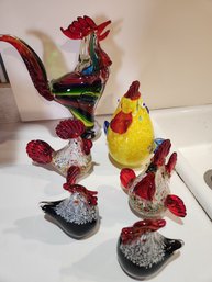 6 Blown Glass Rooster, Chicken Bird Collection, Art