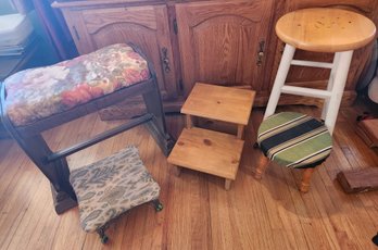 5 Stools, Seating, Ottoman, Some Vintage, One Metal (likely Iron)