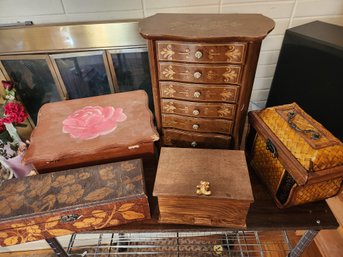 5 Jewelry Boxes - Wood, Woven, Variety, Trinket