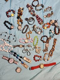 41 Pcs. Costume Jewelry Lot #1 - Watches, Bracelets, Beads, Stone, Some Homemade