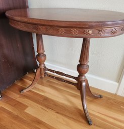 Antique Oval Carved Burl Wood Accent Lamp Table, Likely Walnut