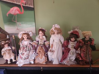 11 Porcelain Dolls, Collectible, Harp, Decor, One Is A Lamp-see All Pics