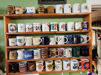 48 Coffee Mugs & Shelf, Collectible, Cups, Many Are Train-related, Lionel, Some Vintage