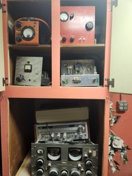 Cabinet Shelves Full Of Audio Radio, Electronic Equipment, Some Vintage