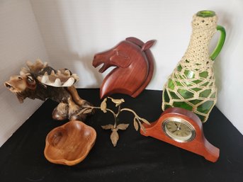 6 PCs. Vintage Decor: Ceramic Moose, Wood, Brass, Glass, Macrame Bottle
