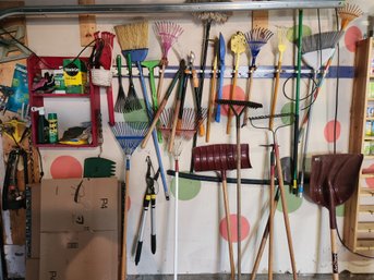 Wall Of Garden Tools, Implements, Some Children's, Brooms, Shovels, Sprinkler, Clippers