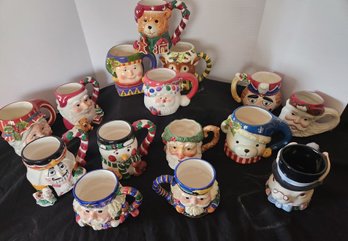 15 Collectible Jug Mugs, Ceramic Christmas Theme - Santa, Snowman, Nutcracker - Varity Makers, Some Vintage
