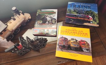 Railroad Collectible Coffee Table Books, Wrought Iron Bookends, Wooden Train