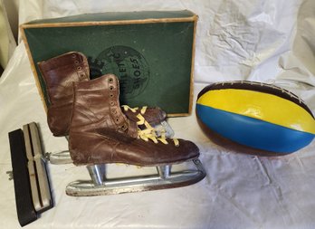 Antique Ice Skates, Original Box, Football - Likely Handmade
