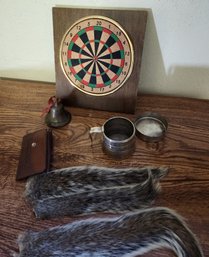 Squirrel Tails, Small Cork Dart Board, Collapsible Cup, Leather Key Wallet Style Chain Holder - Vintage Items